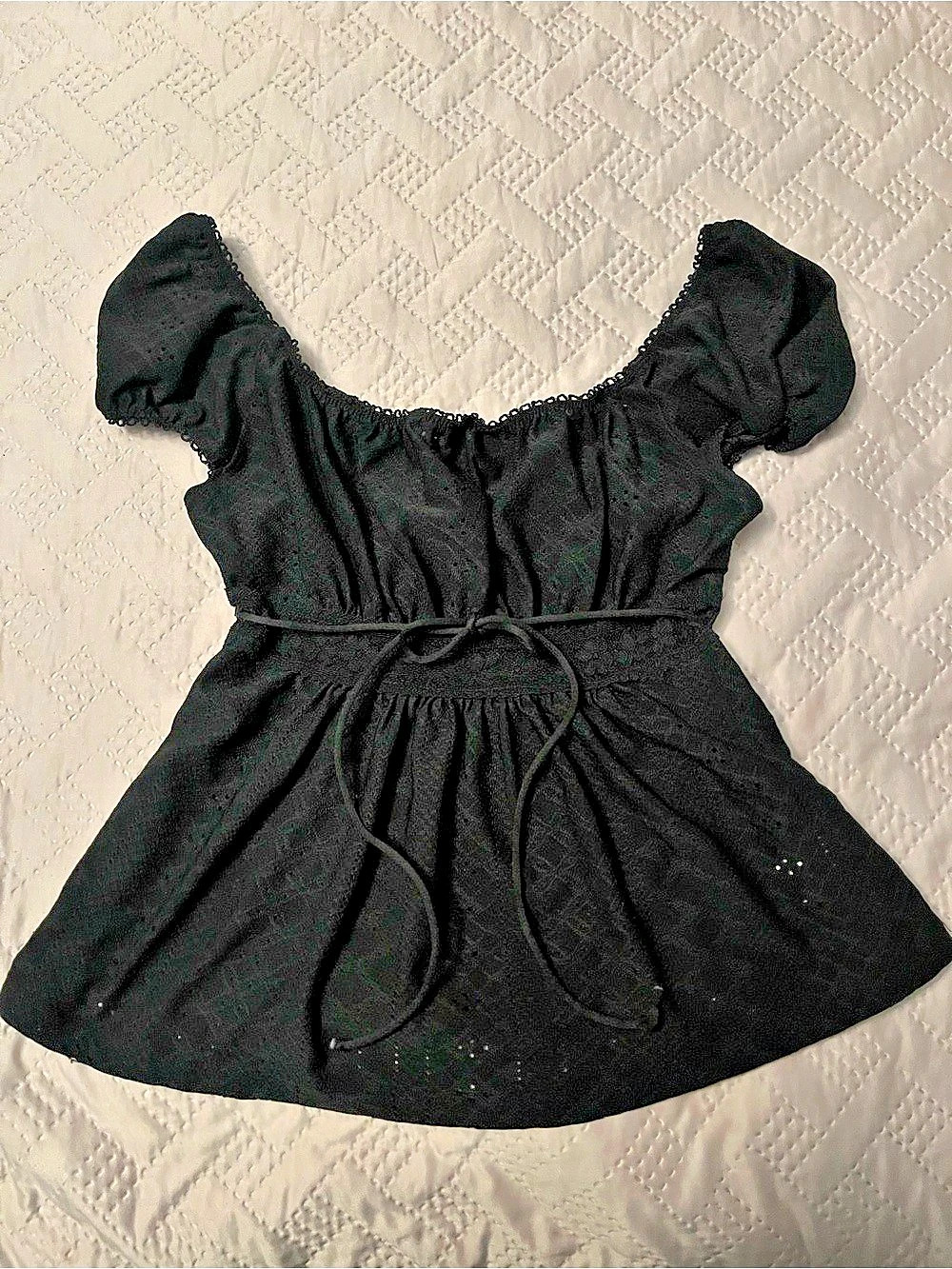 Black Puff Sleeve Tie Waist Top